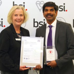 Maureen Sumner Smith, Managing Director at BSI UK & Ireland with Mo Moharananjan, CP Electronics’ Quality Manager.